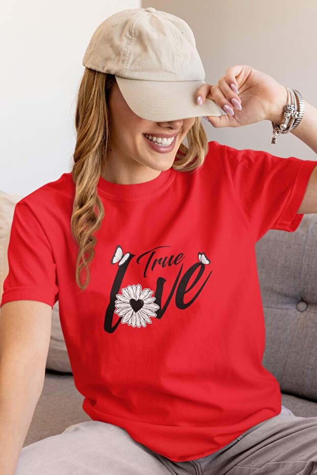 Women's 100% Cotton True Love Transfer Printed Round Neck Short Sleeve Tee