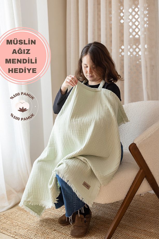 sUYEŞİL 4 Katlı Müslin Emzirme Örtüsü & Puset Örtüsü Püsküllü - 1