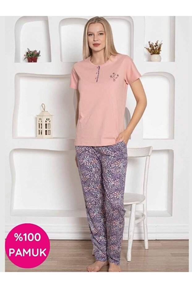 Women's Powder Flower Pattern Crew Neck 3 Button 100% Cotton Short Sleeve Pocket Pajama Set