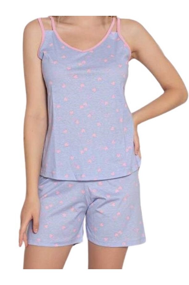 Kadın Kalp Desen Askılı %100 Pamuk Mini Şortlu Pijama Takımı - 2