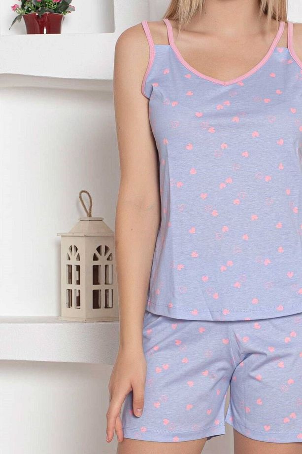 Kadın Kalp Desen Askılı %100 Pamuk Mini Şortlu Pijama Takımı - 5