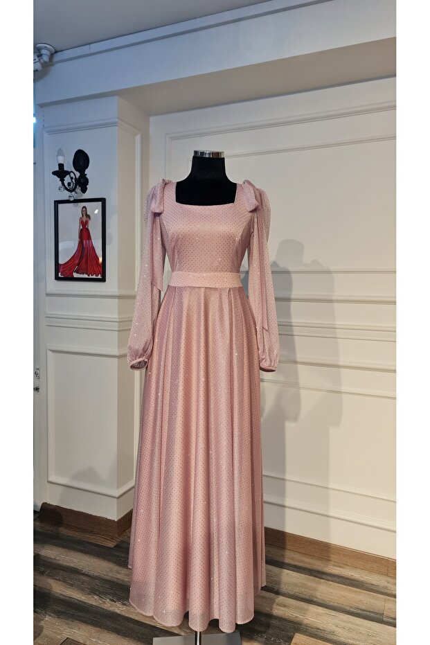 Pembe Simli Kumaştan ,Prenses Kesim,Söz Nişan Elbisesi - 5