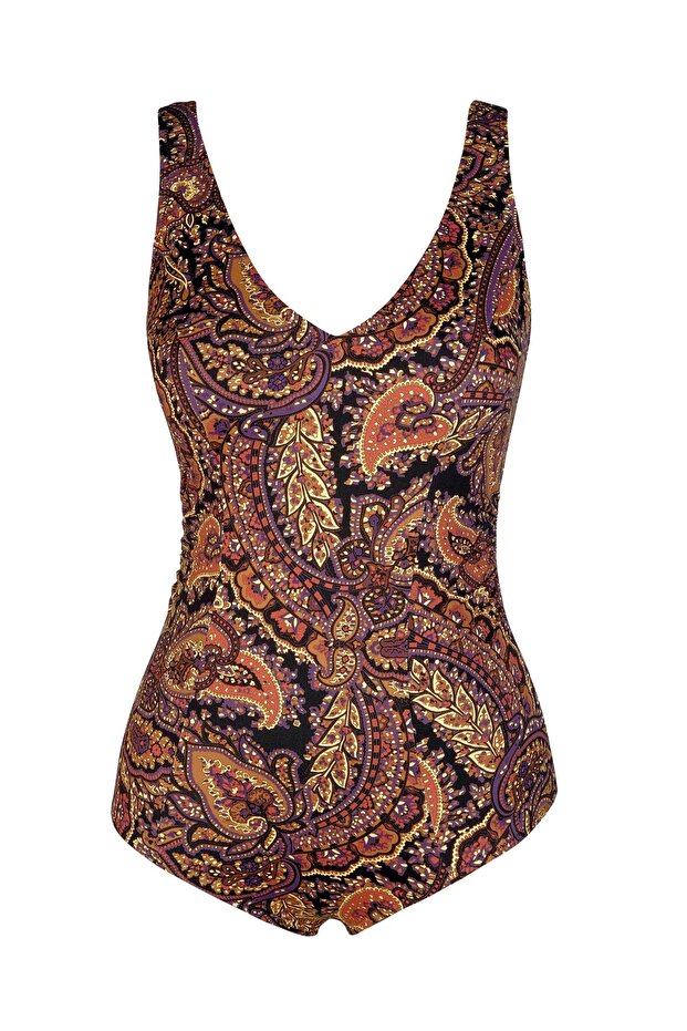 Beria Women's Large Size Cupped Shawl Patterned Brown Gathering Swimsuit