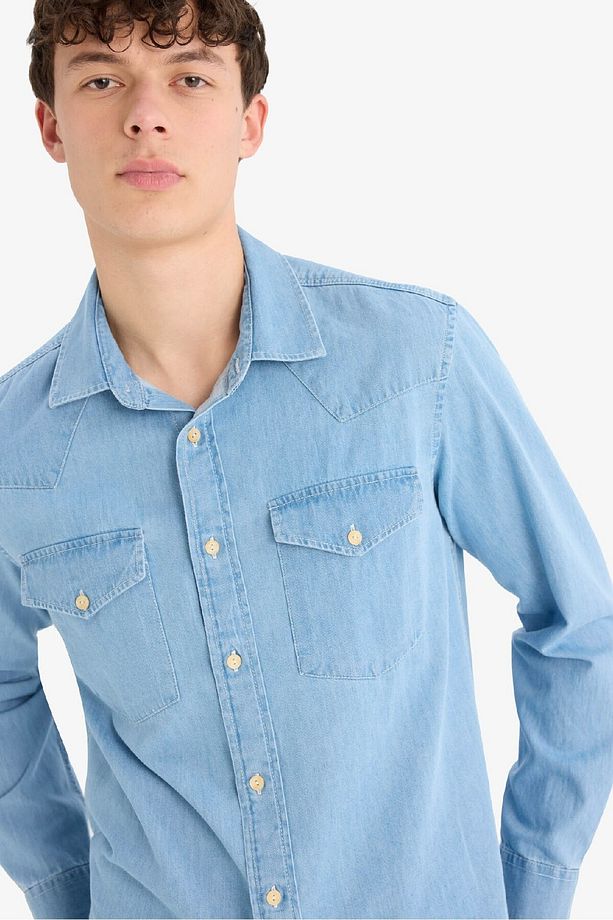 %100 Pamuk Regular Fit Jean Uzun Kollu Ince Kumaş Gömlek E5716ax25sp - 4