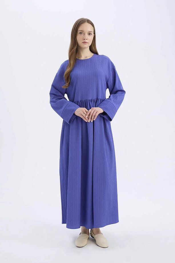 Regular Fit Bisiklet Yaka Gofre Dokulu Uzun Kollu Maxi Elbise E6597AX25SP - 5