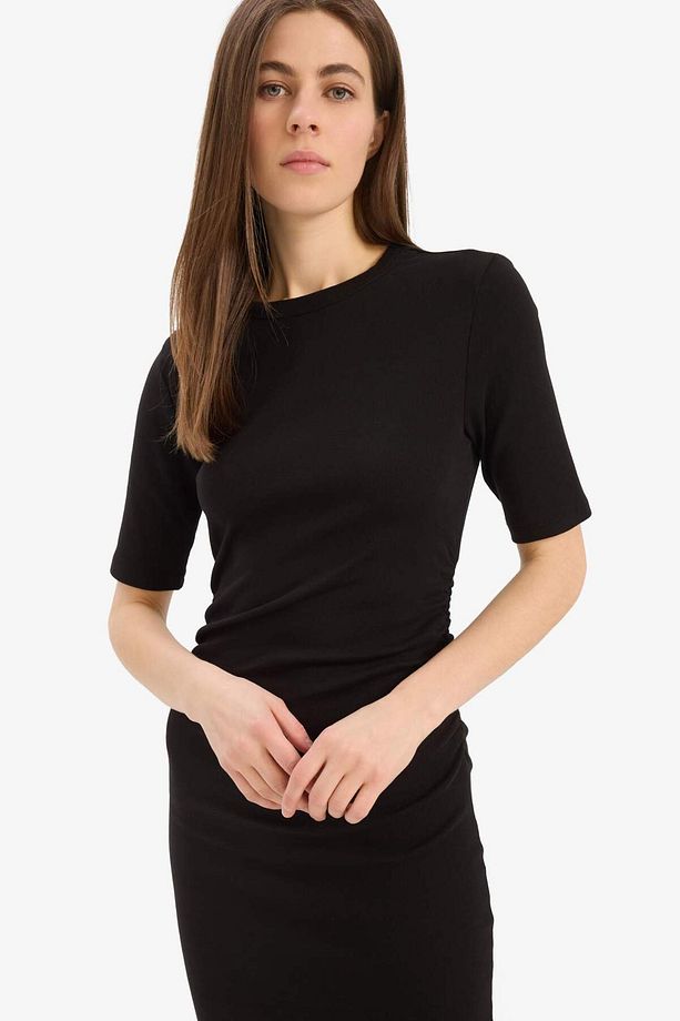 Bodycon Vücudu Saran Bisiklet Yaka Basic Düz Ribana Kısa Kollu Midi Elbise E6003ax25sp - 4