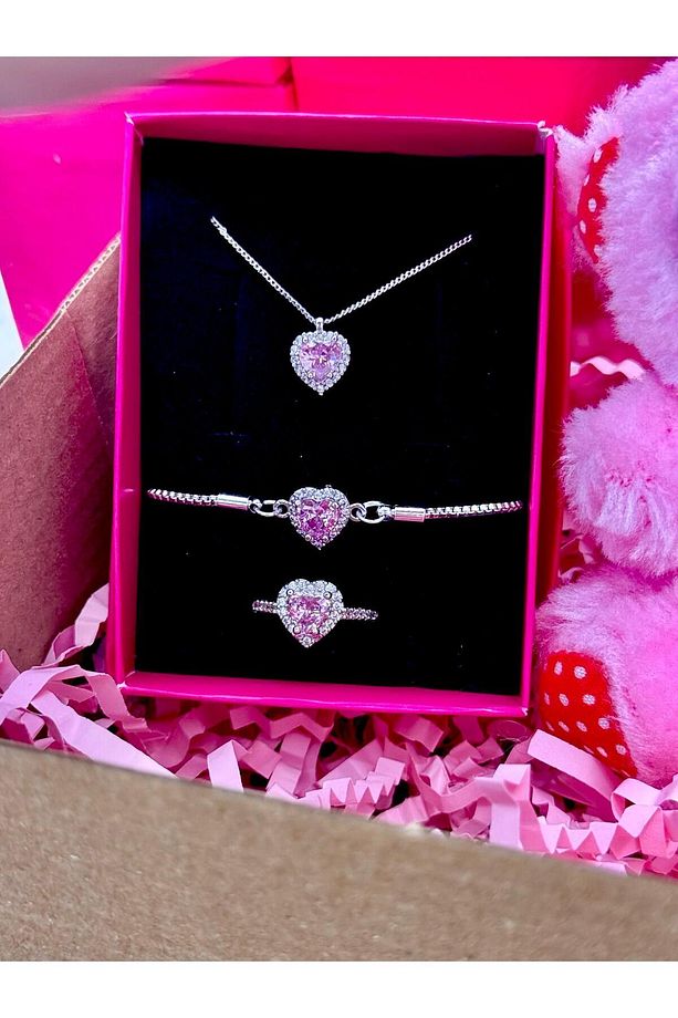 3d  satürn gezegen küre ve çelik pembe kalp kolye bileklik yüzük seti hediyelik set - 4