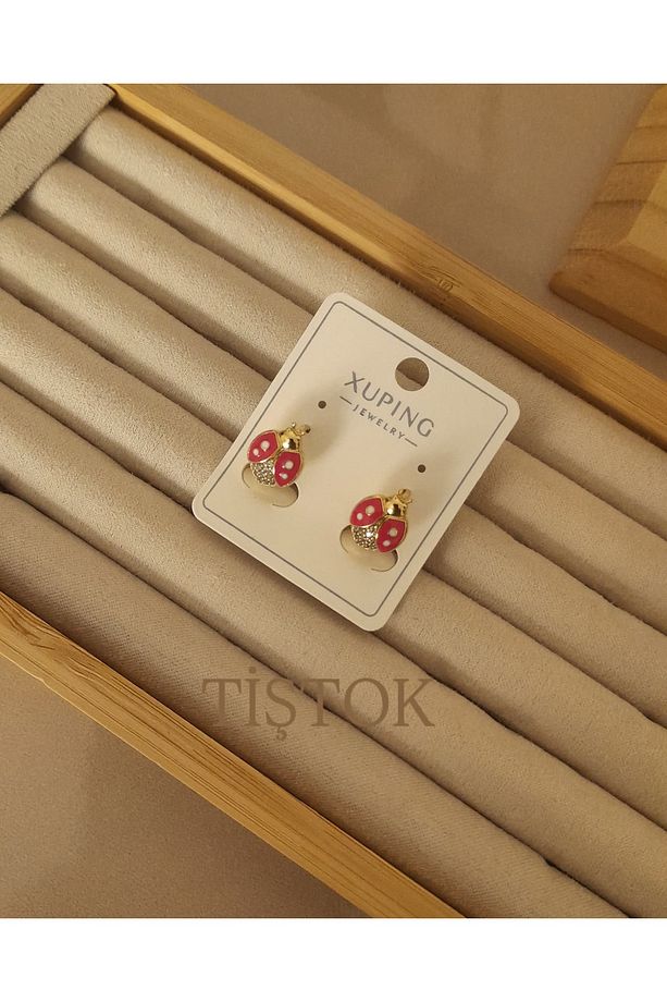 Xuping Gold Renkli Kız Çocuk Zirkon Taşlı Uğur Böceği Çelik Küpe ( Hediye Doğum günü( - 1