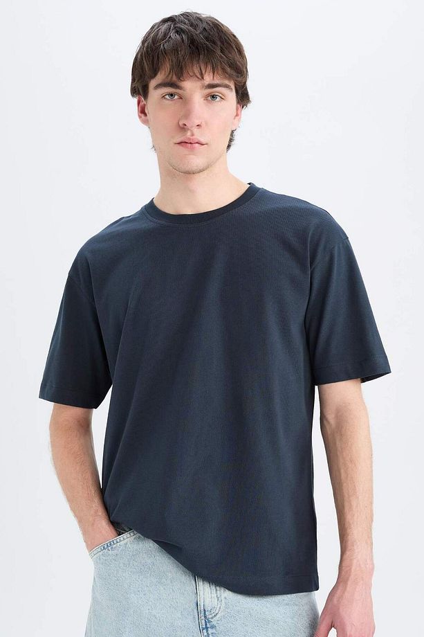 %100 Pamuk Oversize Geniş Kalıp Bisiklet Yaka Basic Düz Kısa Kollu Tişört E6885axns - 1