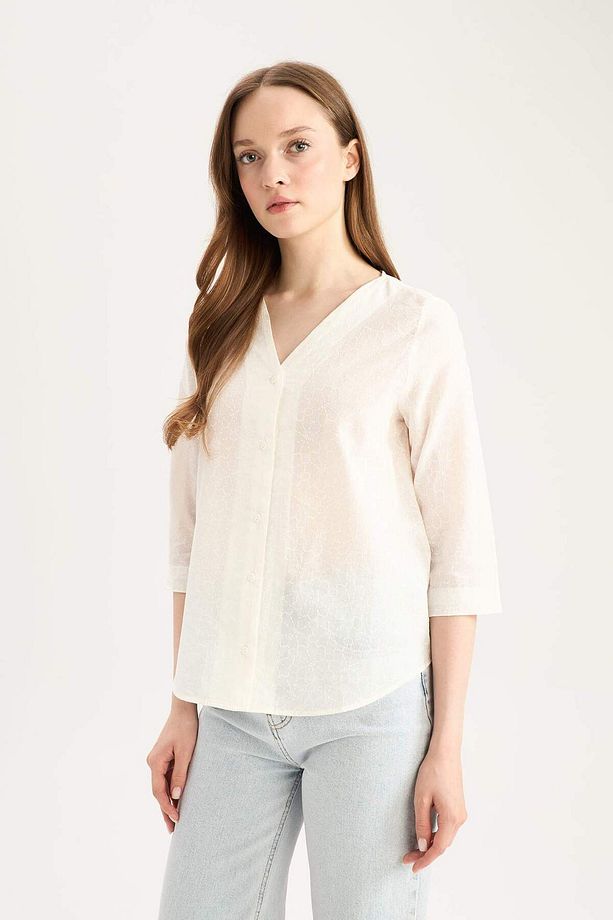 Regular Fit Apaş Yaka Basic Düz Pamuklu Yarım Kollu Gömlek E5949AX25SP - 3