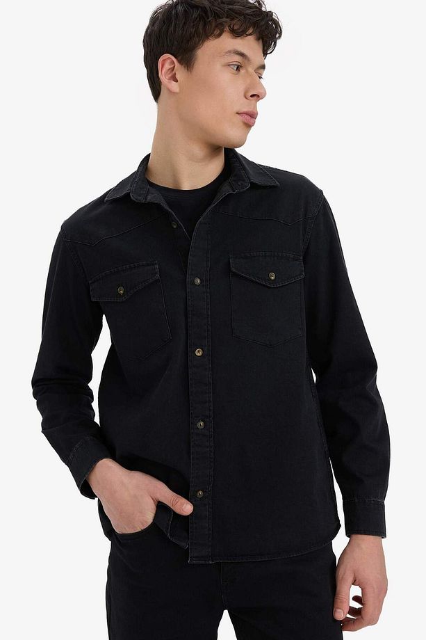 %100 Pamuk Regular Fit Jean Uzun Kollu Ince Kumaş Gömlek E5711ax25sp - 1