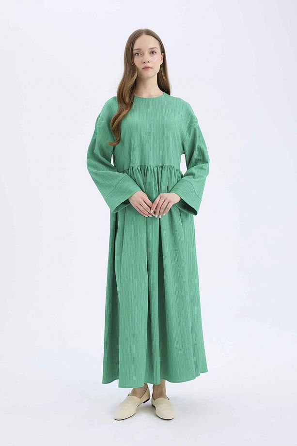 Regular Fit Bisiklet Yaka Gofre Dokulu Uzun Kollu Maxi Elbise E6597AX25SP - 5