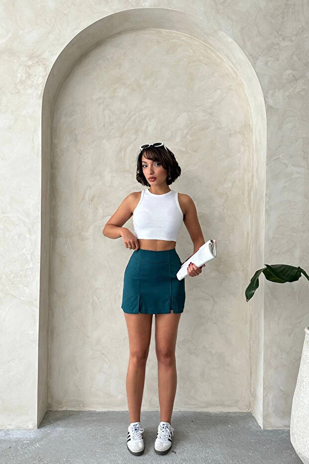 Kadın Petrol Çift Yırtmaçlı Şort Etek Bchn-25250364 - 5