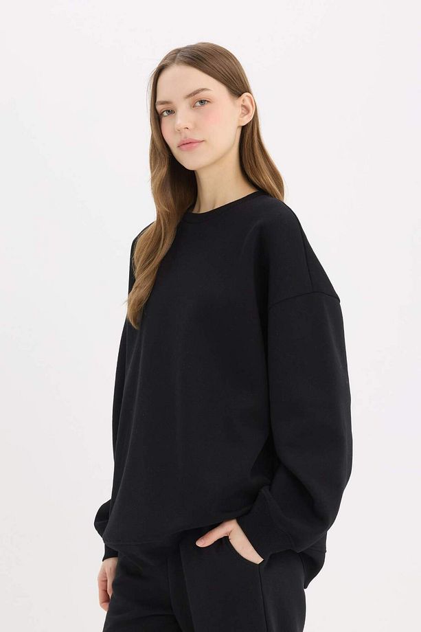 Oversize Geniş Kalıp Bisiklet Yaka Basic Düz Kalın Sweatshirt Y1346az25sp - 4