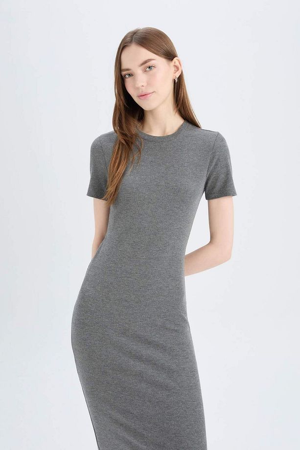 Bodycon Vücudu Saran Bisiklet Yaka Basic Düz Fitilli Kaşkorse Kısa Kollu Midi Elbise E6926ax25sp - 4
