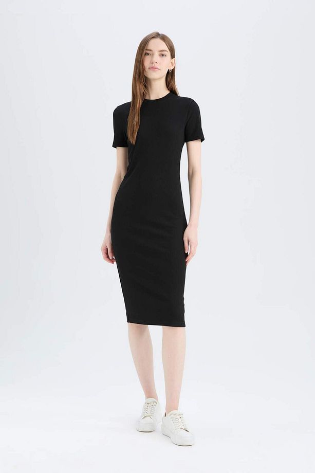 Bodycon Vücudu Saran Bisiklet Yaka Basic Düz Fitilli Kaşkorse Kısa Kollu Midi Elbise E6926ax25sp - 1