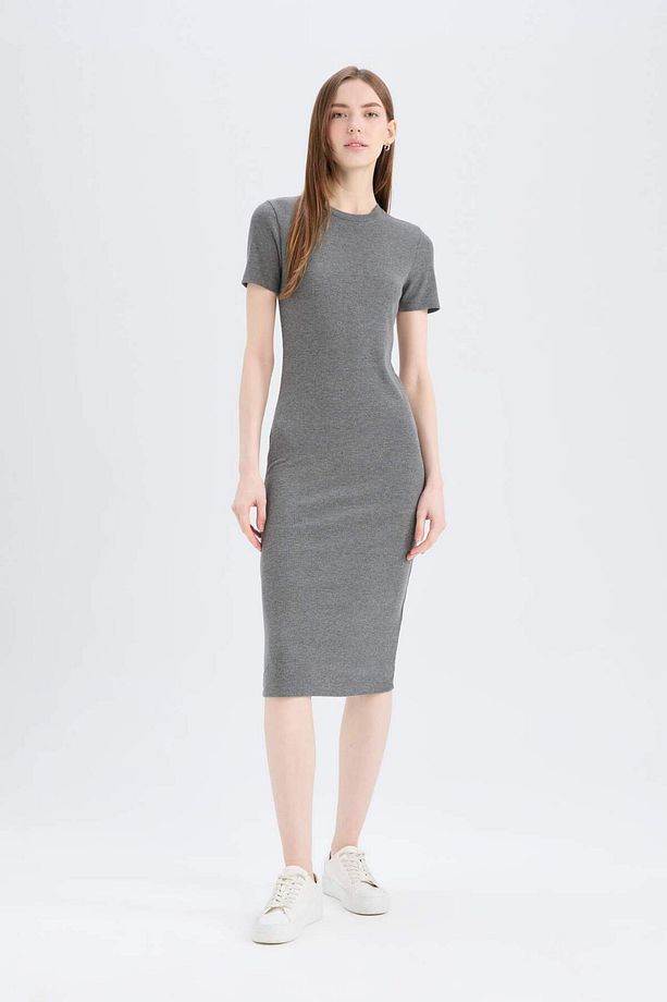 Bodycon Vücudu Saran Bisiklet Yaka Basic Düz Fitilli Kaşkorse Kısa Kollu Midi Elbise E6926ax25sp - 2
