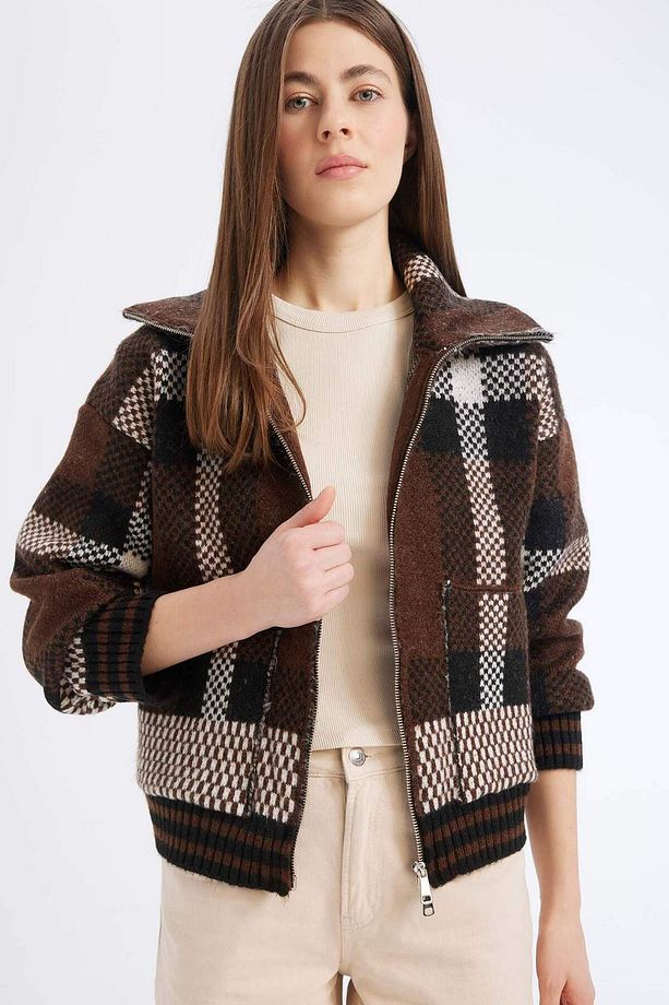 Regular Fit Kareli Fermuarlıdik Yaka Triko Hırka E7733ax25sp - 4