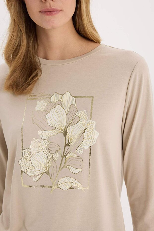 Regular Fit Bisiklet Yaka Baskılı Uzun Kollu Tişört E6814AX25SP - 4