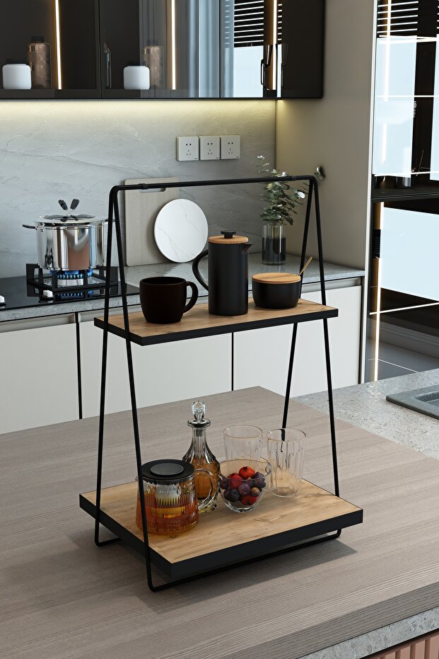 Siyah 2 Katlı Tezgah Üstü Raf Ahşap Tabanlı Metal Mutfak Düzenleyici ve Saklama Mutfak Rafı - 3