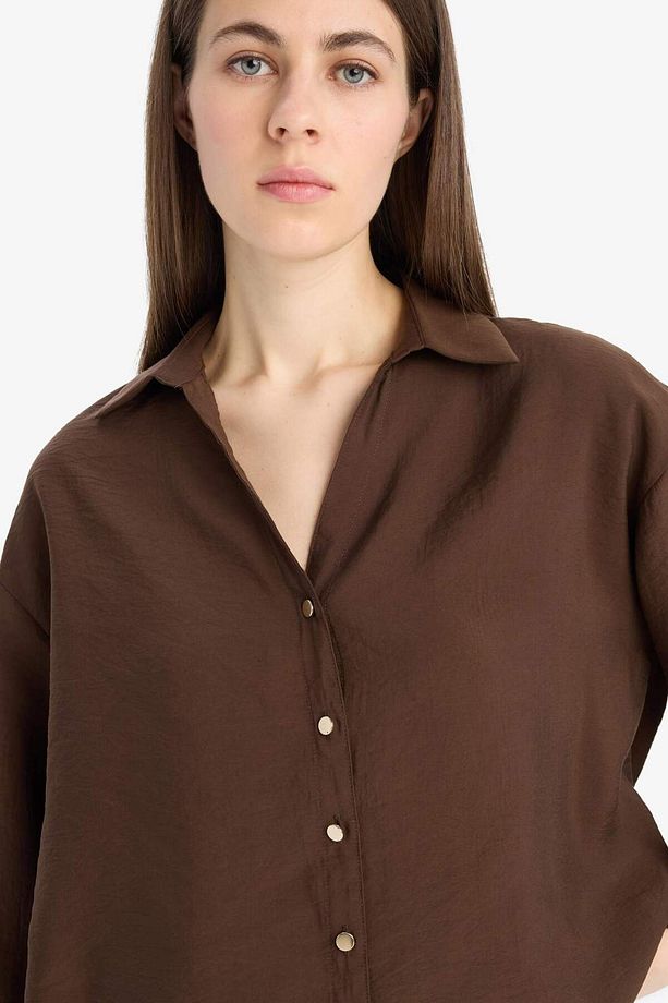 Loose Fit Apaşk Yaka Basic Düz Uzun Kollu Gömlek E9007ax25sp - 3