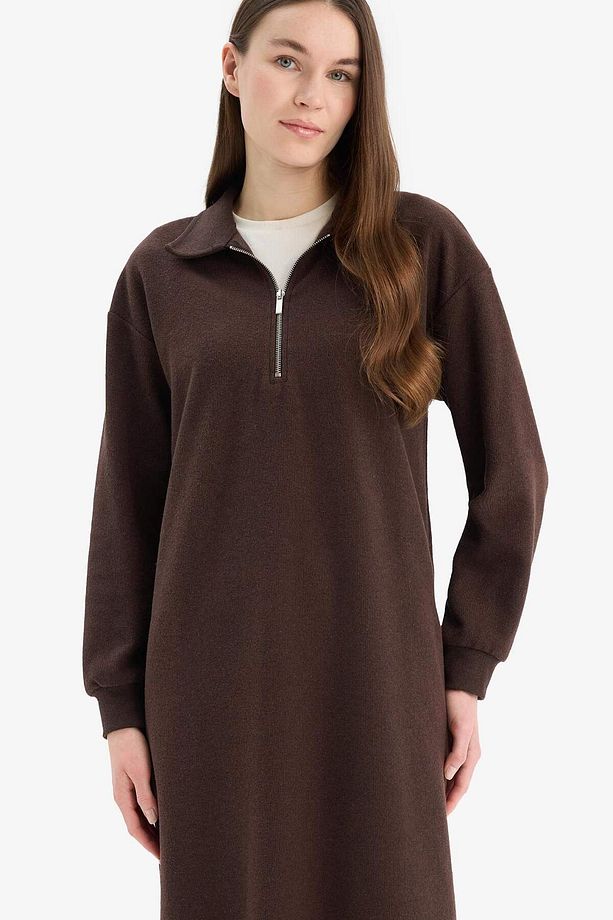 Loose Fit Fermuarlı Polo Yaka Selanik Kumaş Basic Düz Uzun Kollu Midi Elbise F1640ax25sp - 3