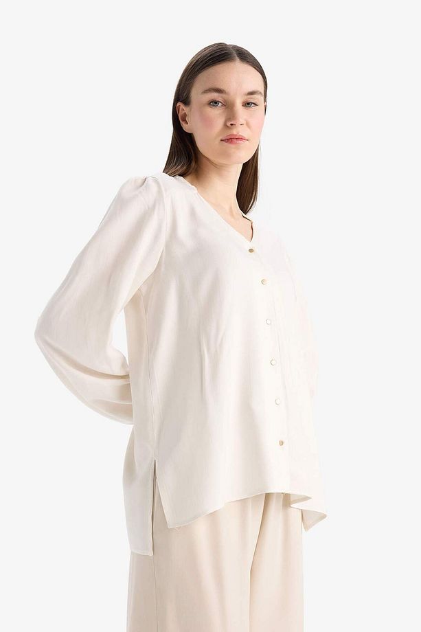 Regular Fit Bisiklet Yaka Simli Kumaş Uzun Kollu Gömlek F0226ax25sp - 3