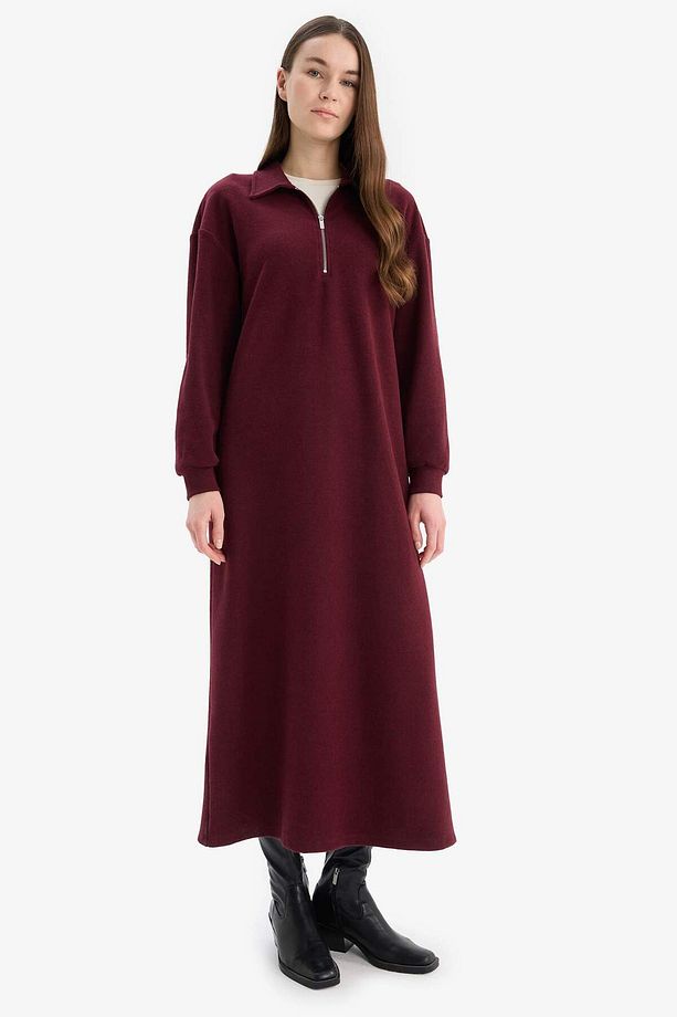 Loose Fit Fermuarlı Polo Yaka Selanik Kumaş Basic Düz Uzun Kollu Midi Elbise F1640ax25sp - 2