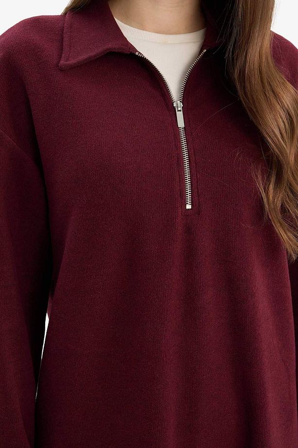 Loose Fit Fermuarlı Polo Yaka Selanik Kumaş Basic Düz Uzun Kollu Midi Elbise F1640ax25sp - 4