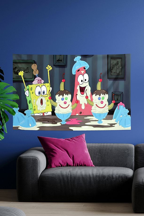 Sponge Bob & Patrick Parti Temalı Çizgi Film Animasyon Kumaş Duvar Örtüsü Duvar Halısı - 1