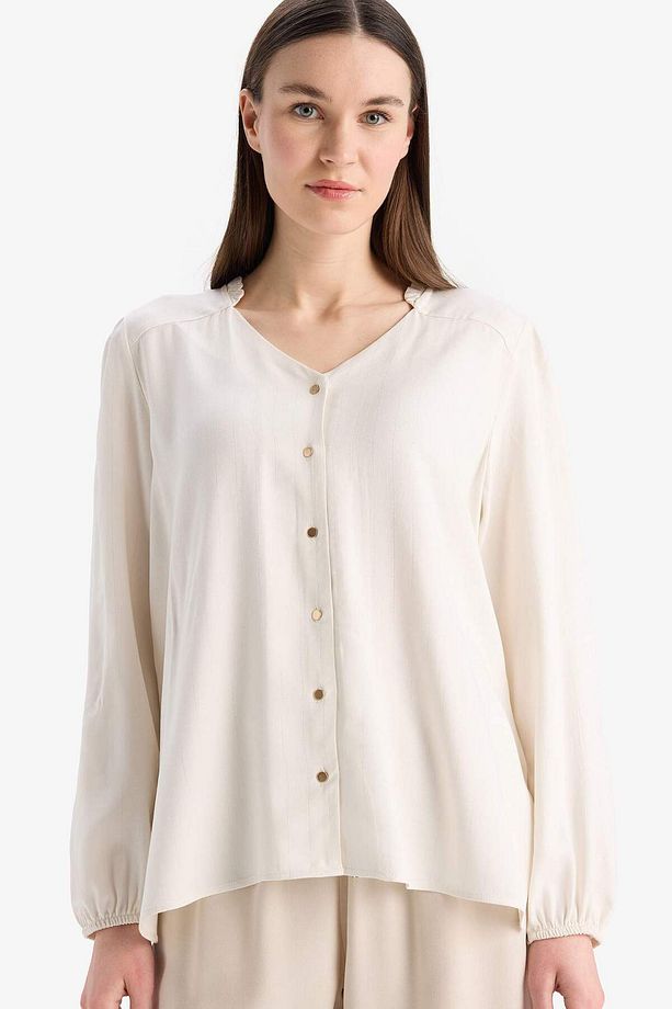 Regular Fit Bisiklet Yaka Simli Kumaş Uzun Kollu Gömlek F0226ax25sp - 1