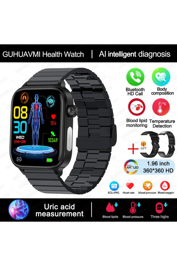 Health monitoring Black-Steel-B-2A AI Diagnostic Detector Smart Watch Women Blood Lipid and Uric Aci