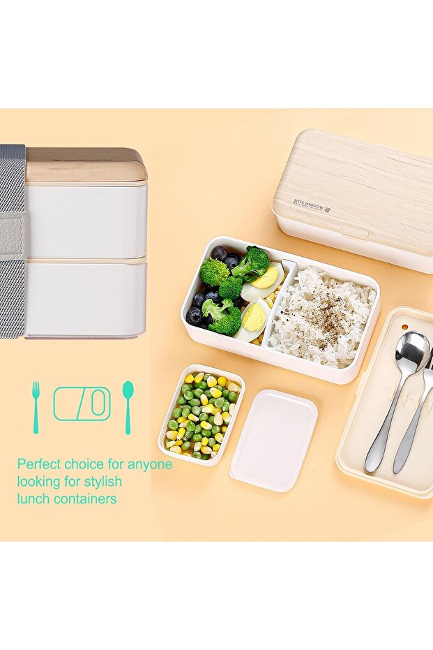 صندوق غداء، حاويات طعام على شكل طبقتين مع أدوات مائدة وملعقة وشوكة وقسم صندوق سلطة - 7