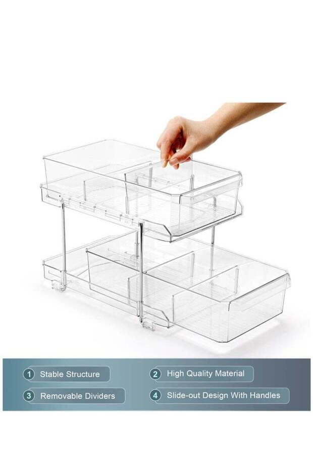 2-piece double-layer transparent storage box,with removable dividers,pull-out design,for bathroom - 2
