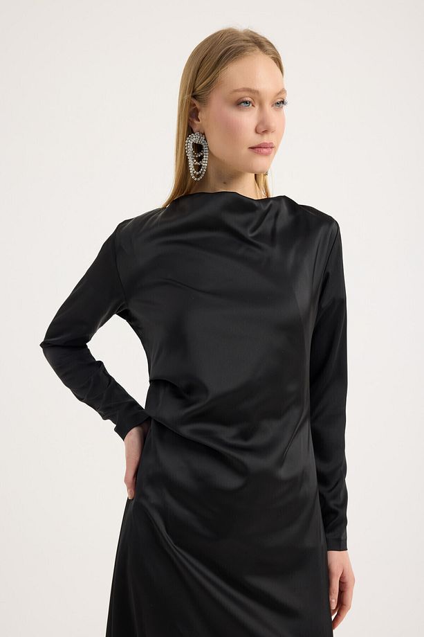 Siyah Saten Drape Elbise - 4