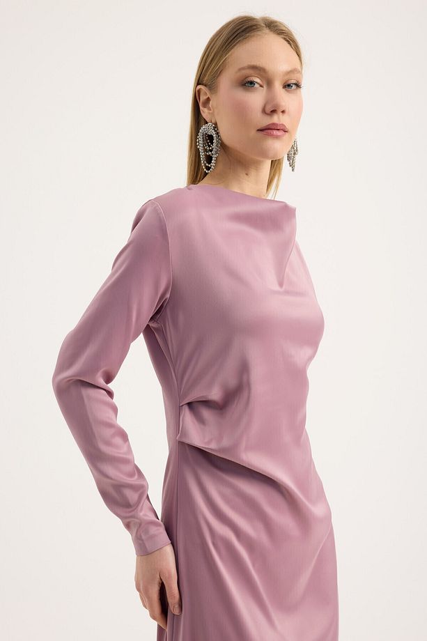 Gül Kurusu Saten Drape Elbise - 5