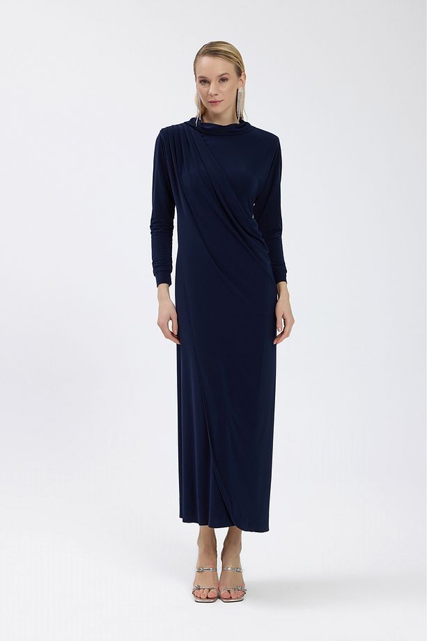 Lacivert Drape Detaylı Elbise - 1