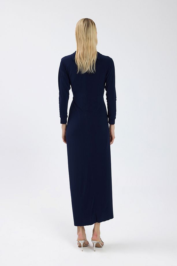 Lacivert Drape Detaylı Elbise - 8