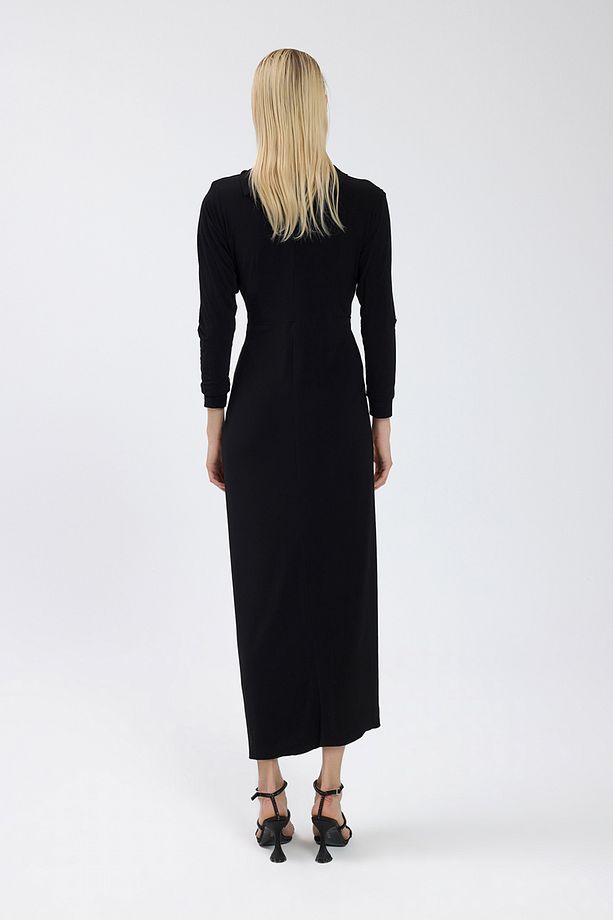 Siyah Drape Detaylı Elbise - 8