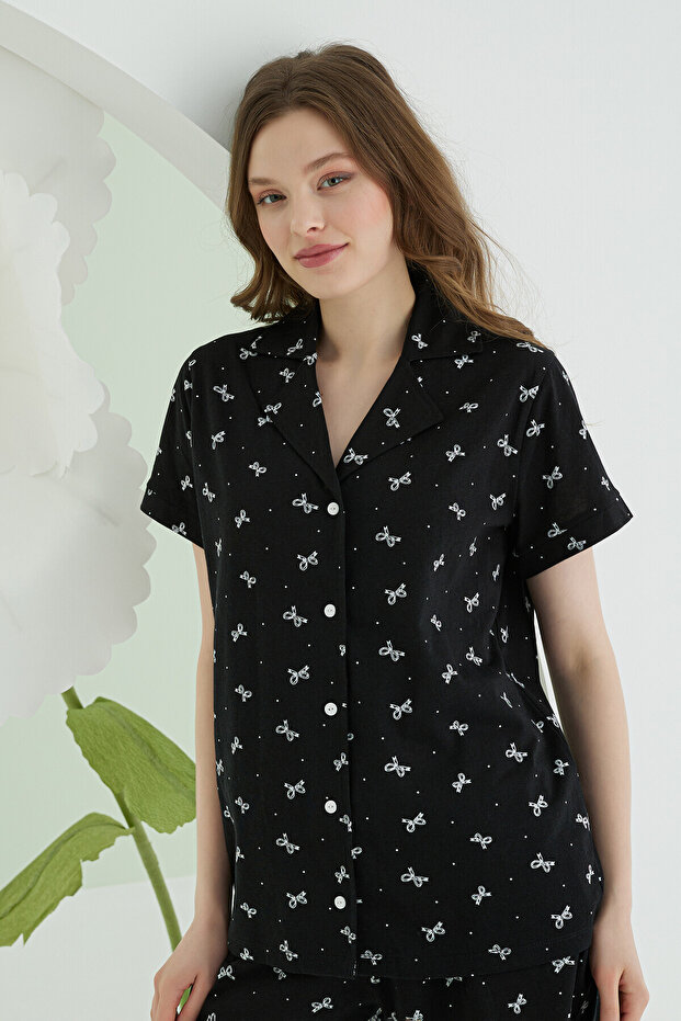 Black Bow Front Buttoned Shorts Pajama Set - 3
