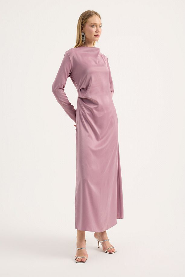 Gül Kurusu Saten Drape Elbise - 3