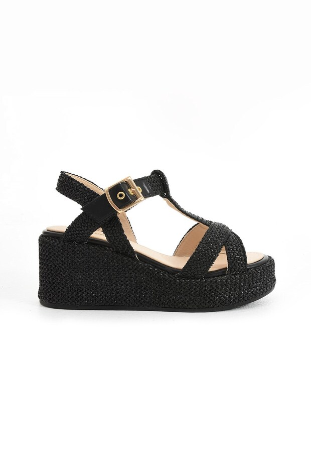 Vuelo Black Straw Wedge Heel Women's Sandals