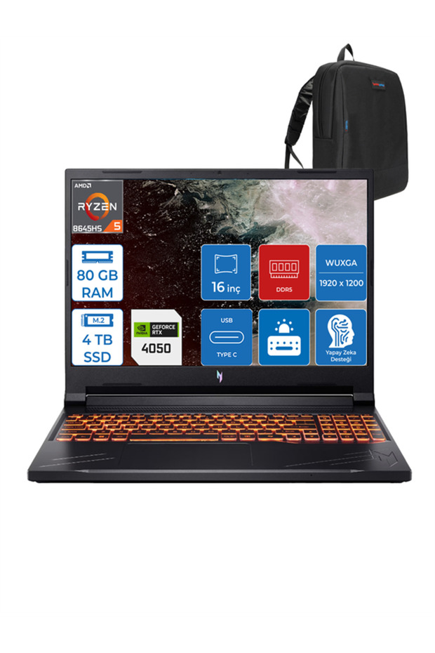 Nitro ANV16 Ryzen 5 8645HS 80GB 4tb SSD 6GB/RTX4050/85W Freedos 16" Wuxga 165Hz NHQRVEYF24+ZETTACNT - 1