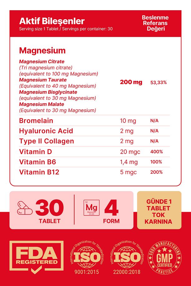 MAGNEZYUM X4 COMPLEX CİTRATE, TAURATE, BİSGLYCİNATE, MALATE + BROMELAİN + KOLAJEN+ H.ASİT+D+B12+B6 - 4