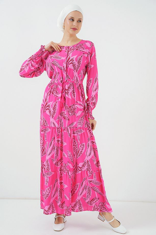 2145 Desenli Tesettür Elbise - Fuşya - 3