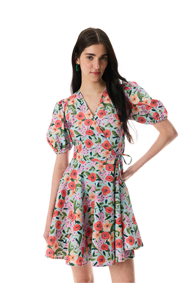Women's Red Floral Printed Double Breasted Tie-Up Mini Dress