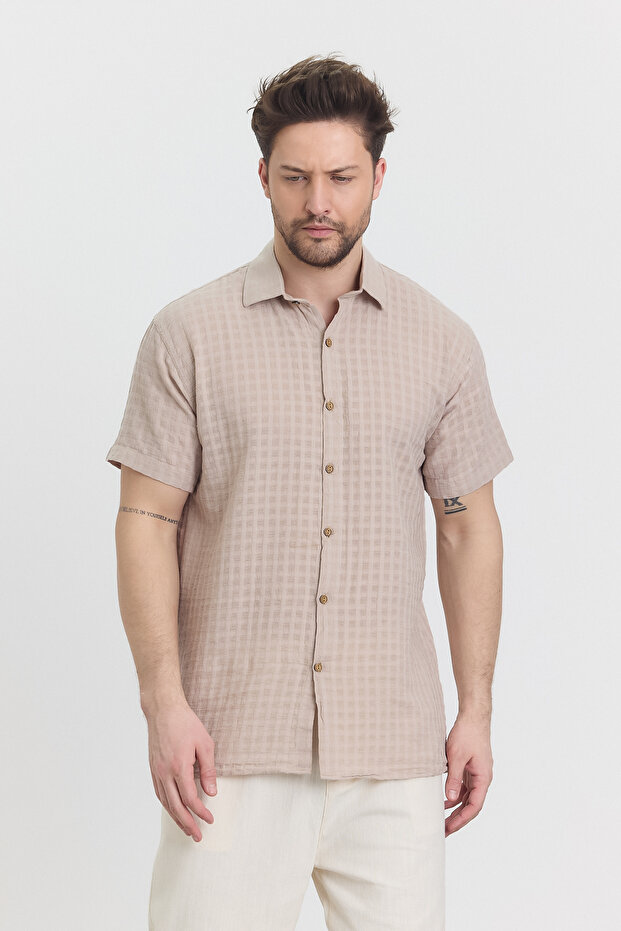 Men's Shirt - Muslin Waffle Checkered Collar Short Sleeve Shirt - 4045