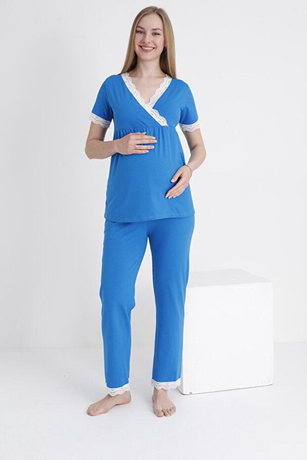 Cobalt Blue Maternity and Maternity Pajama Set Suitable for Breastfeeding