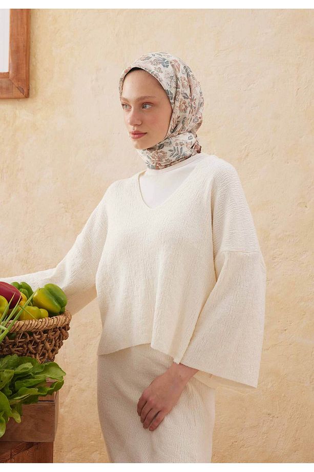 LEAF DESEN PAMUK İPEK EŞARP SOFT KAHVE - 1