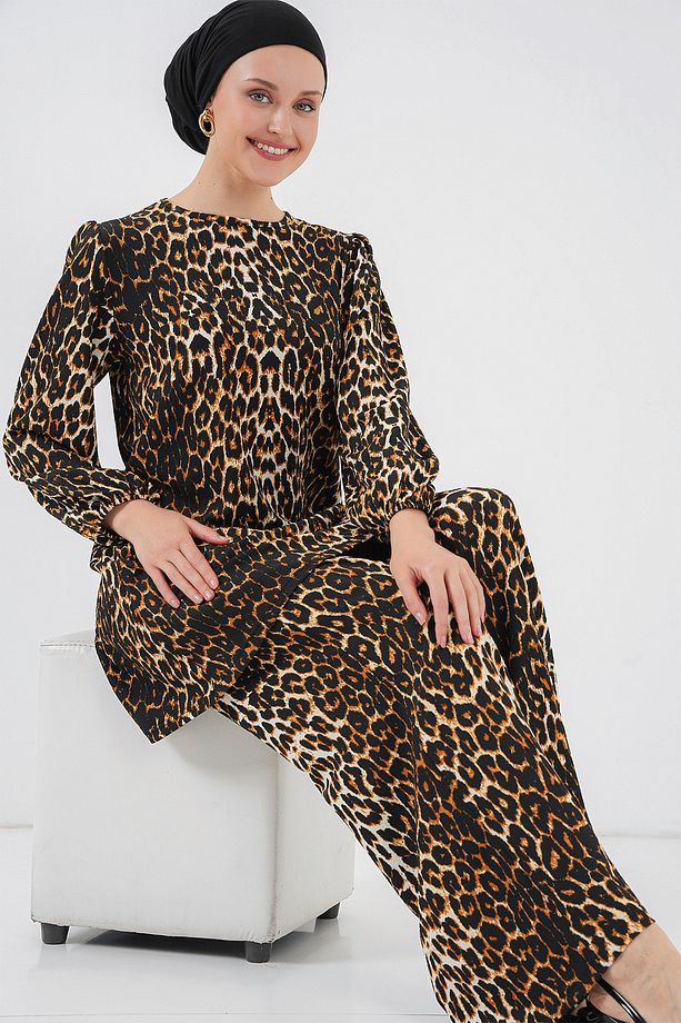 Kadın Leopar Tunik Pantolon Alt Üst Takım 6663 - 1